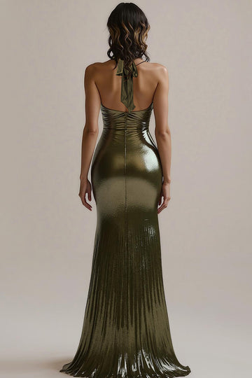 Olive Metallic Ruched Mermaid Evening Dress with Slit